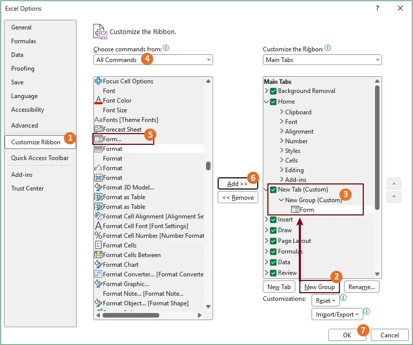 a screenshot showing how to add the Form command to the ribbon