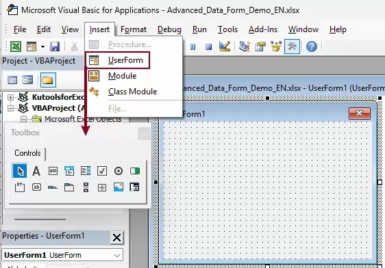 a screenshot showing how to insert a new userform in VBA editor