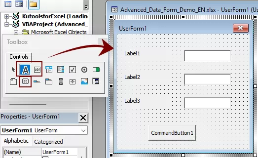 a screenshot of adding controls to the userform