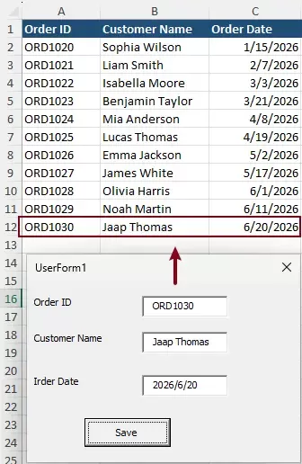 a screenshot of adding new records using the VBA data form