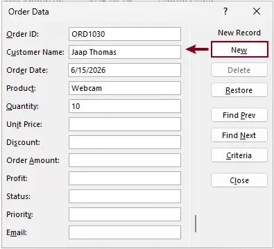 a screenshot showing how to add new record using the built-in form
