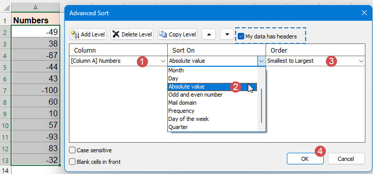 configure sort settings in the dialog box