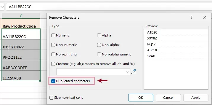 configure the remove characters dialog