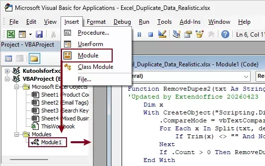 use the VBA code 2 in module