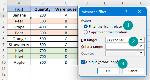 The duplicate rows (pointed by green arrows) are filtered out