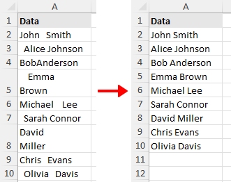 Cleaned text after removing extra spaces, tabs, and line breaks in Excel