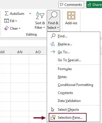open the selection pane