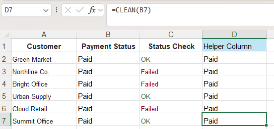 The non-printing characters are removed in the helper column