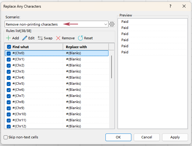 Choose Remove non-printing characters 