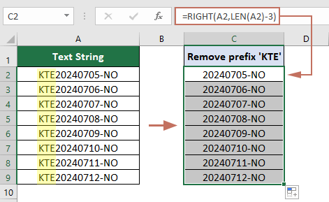 screenshot of removing prefix with formula