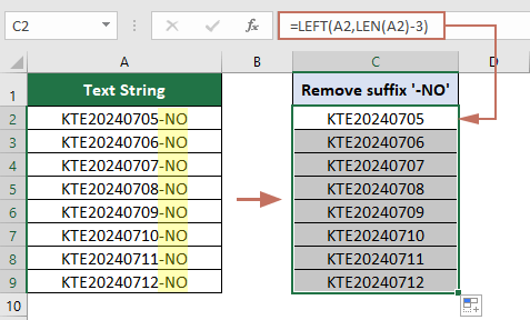 screenshot of removing suffix with formula