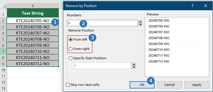 screenshot of removing prefix and suffix with Kutools