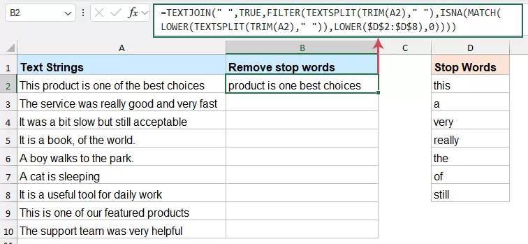 Remove stop words by formula
