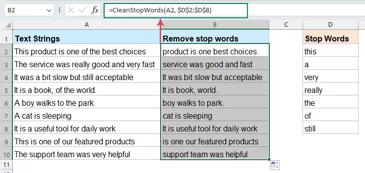 Remove stop words by vba code