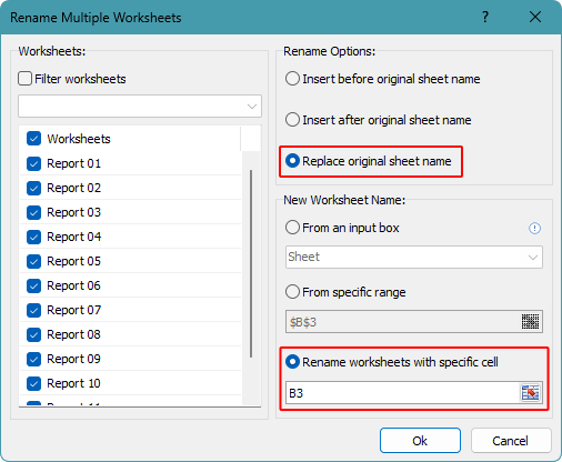 Rename Multiple Worksheets dialog in Kutools for Excel