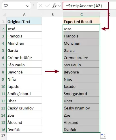 a screenshot of using the user-defined function to replace accented characters