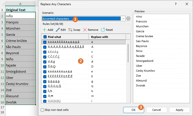 a screenshot showing how to configure the replace any characters dialog box