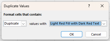 Duplicate Values dialog box