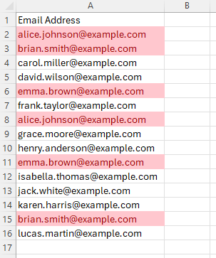 Excel will immediately highlight all duplicate values in the selected range, including the first occurrence of each duplicated value