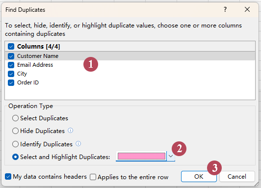 In the Find Duplicates dialog