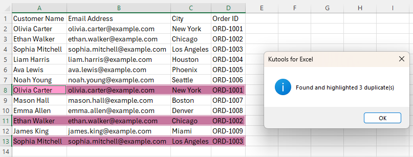 The duplicate rows are selected and highlighted in the color you choose