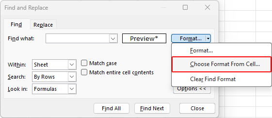 Choose Format From Cell in Excel Find dialog