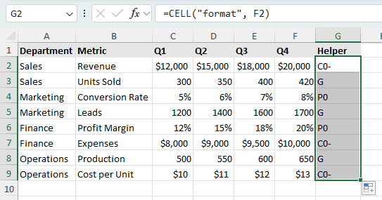Use the CELL function to return number format codes in Excel