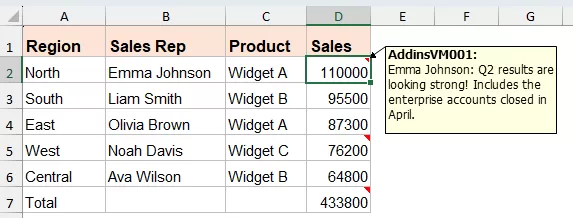 Show comment when cell is selected 