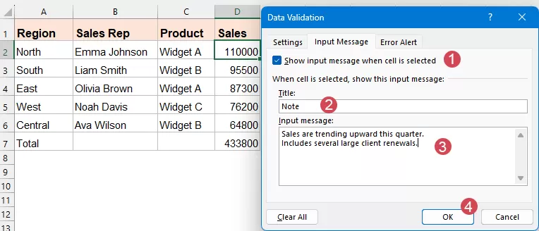 In the Data Validation dialog box, specify the options 