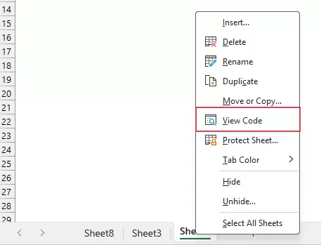 Right-click the sheet tab, then choose View Code 
