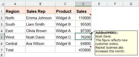 a comment will appears when selecting a cell by vba code 