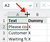 Resize pointer appears on the right edge of the column header in Excel