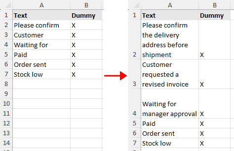 Before and after using AutoFit Row Height in Excel
