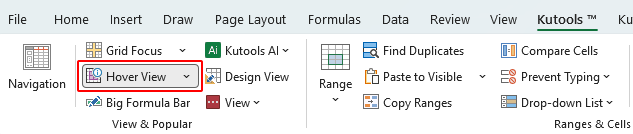 Hover View option on the Kutools tab on Excel Ribbon