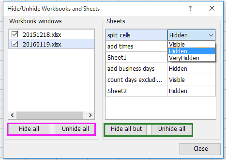 excel ychwanegu offer i mewn ar gyfer Cuddio a dangos dalennau lluosog