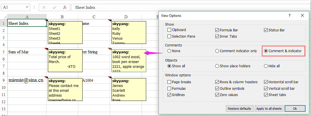How to show or hide all comments and comment indicators in Excel?