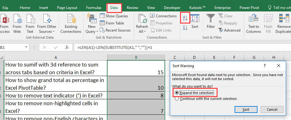 doc sort by word count 2