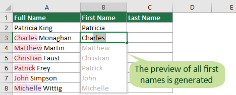 screenshot of splitting cells into multiple columns with Flash Fill 1