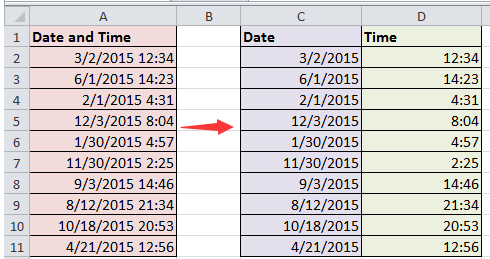 How to split date and time from a cell to two separated cells in Excel?