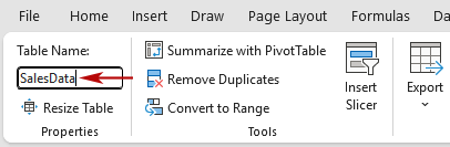 set the table name to SalesData
