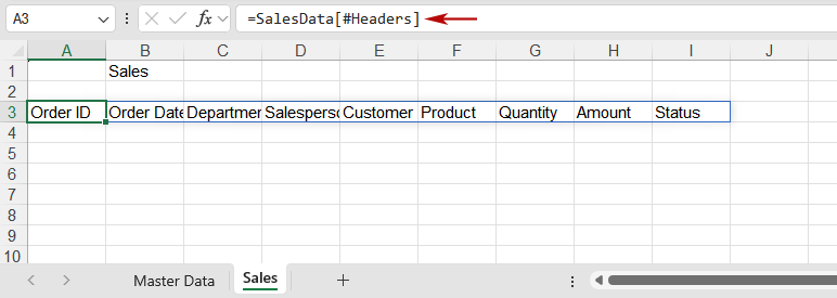 Enter the formula to display the table headers