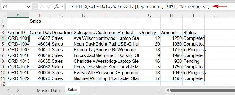 Enter the FILTER formula