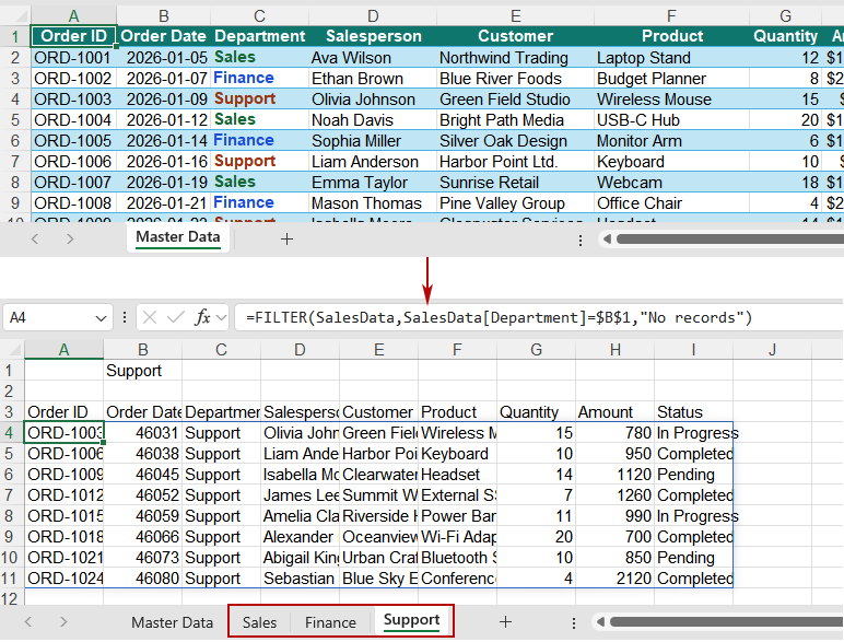 Each department worksheet displays only the records that match the value entered in cell B1