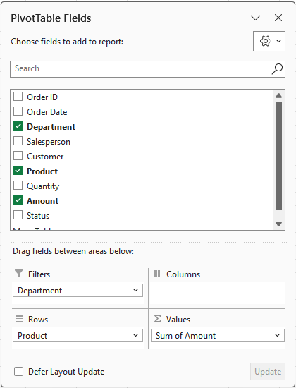 Add the fields in the PivotTable Fields