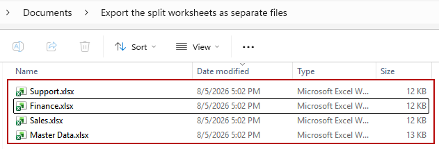 Each selected worksheet is saved as a separate file in the chosen folder