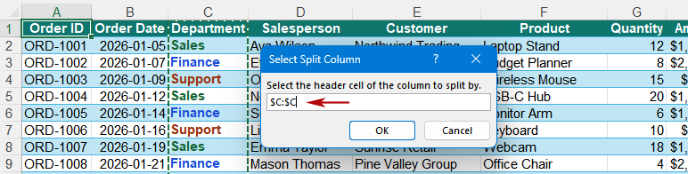 Select the header cell of the column you want to split by