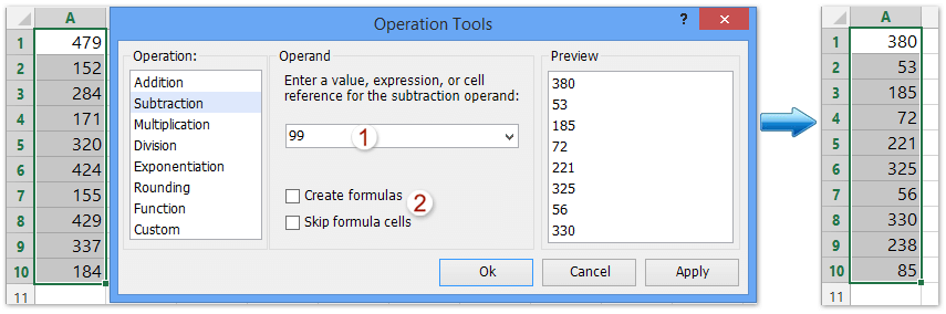 excel formula to subtract one cell from another