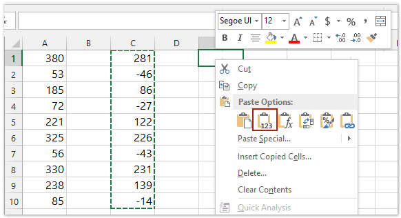 excel formula subtract one column from another