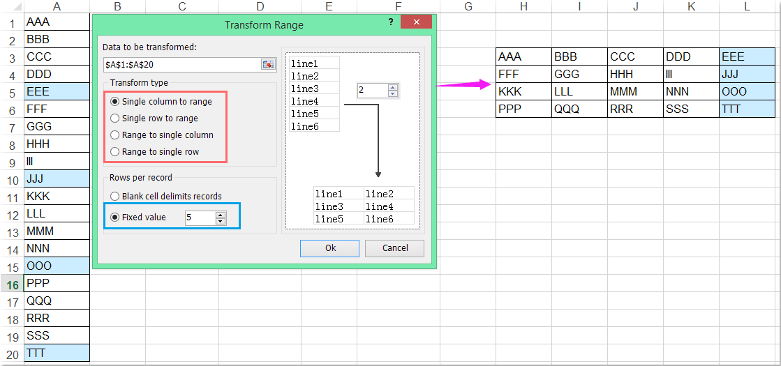 doc transposer toutes les 5 lignes 10