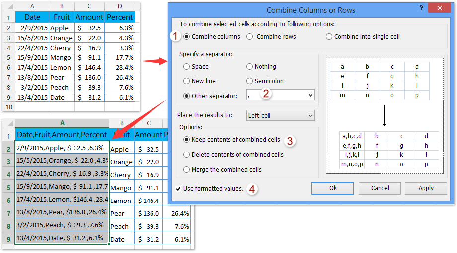 ad combine rows columns keep formatting